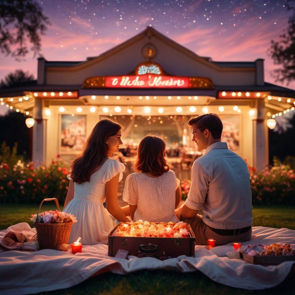 A beautifully arranged scene showcasing a vintage cinema under a starry night, with a glowing marquee displaying 'Romantic Films'. In the foreground, a couple is enjoying a movie picnic with heart-shaped snacks and a vibrant sunset behind them. Elegant film reels and roses scatter around, creating a dreamy atmosphere of love and romance. soft bokeh effect. vibrant colors. dreamy style.