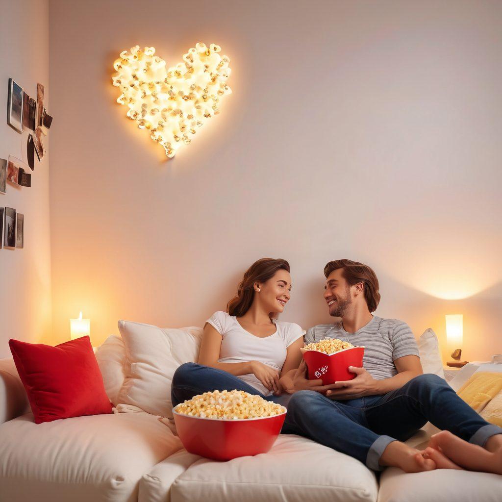 A cozy movie night setup featuring a glowing projector with romantic movie scenes playing on a white wall, surrounded by heart-shaped cushions and flickering candles. A couple snuggles with popcorn, their expressions reflecting joy and love. Include soft, warm lighting to create an inviting atmosphere. watercolor style. warm colors.