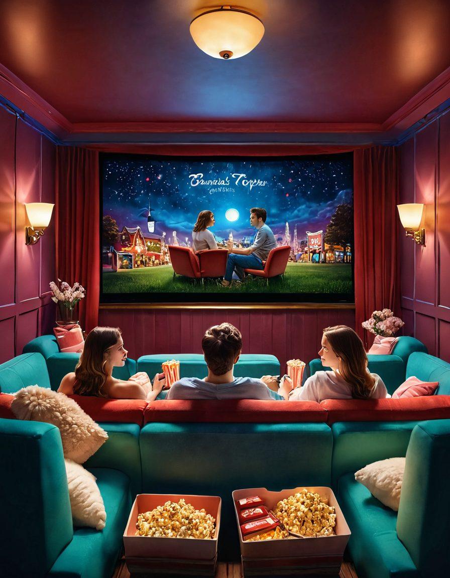 A cozy cinema setting with a large screen showing a romantic scene, colorful posters of classic romantic dramas and comedies on the walls, couples enjoying popcorn and cuddling in plush seats, twinkling fairy lights softly illuminating the surroundings. vibrant colors. 3D.